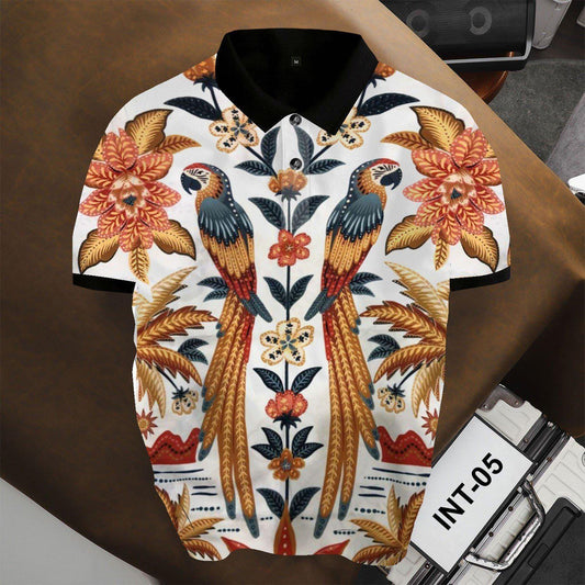 Tropical Parrot & Floral Polo Shirt – Vintage Botanical Print, Casual Resort Style Men’s Polo