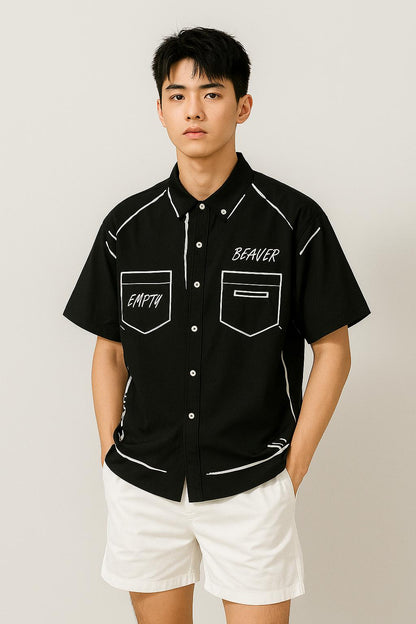 BEAVER Sketch Graphic Button-Up Shirt, Oversized Black & White Streetwear, Unisex Casual Summer Top