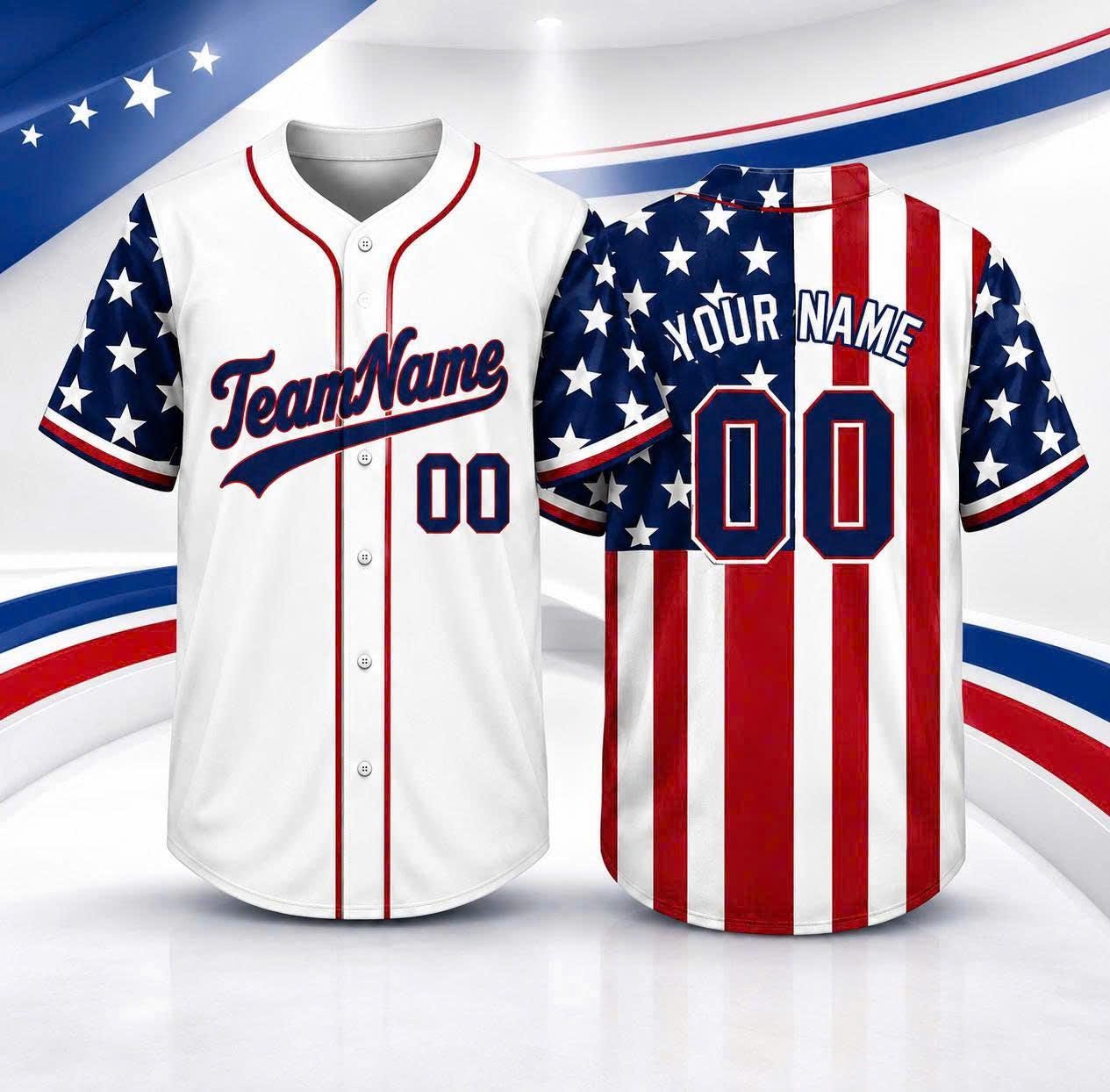 Custom American Flag Baseball Jersey, Personalized Team Name Number, Patriotic USA 4th July