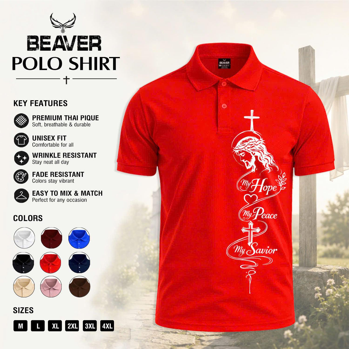 Hope Peace Savior Cross Graphic Polo Shirt, Men's Casual Short Sleeve Top, Christian Design
