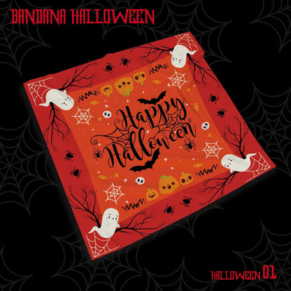 Halloween Bandana Scarf – Spooky Ghosts, Skulls, Pumpkins Print – Square Headband, Dog Scarf, Costume Accessory