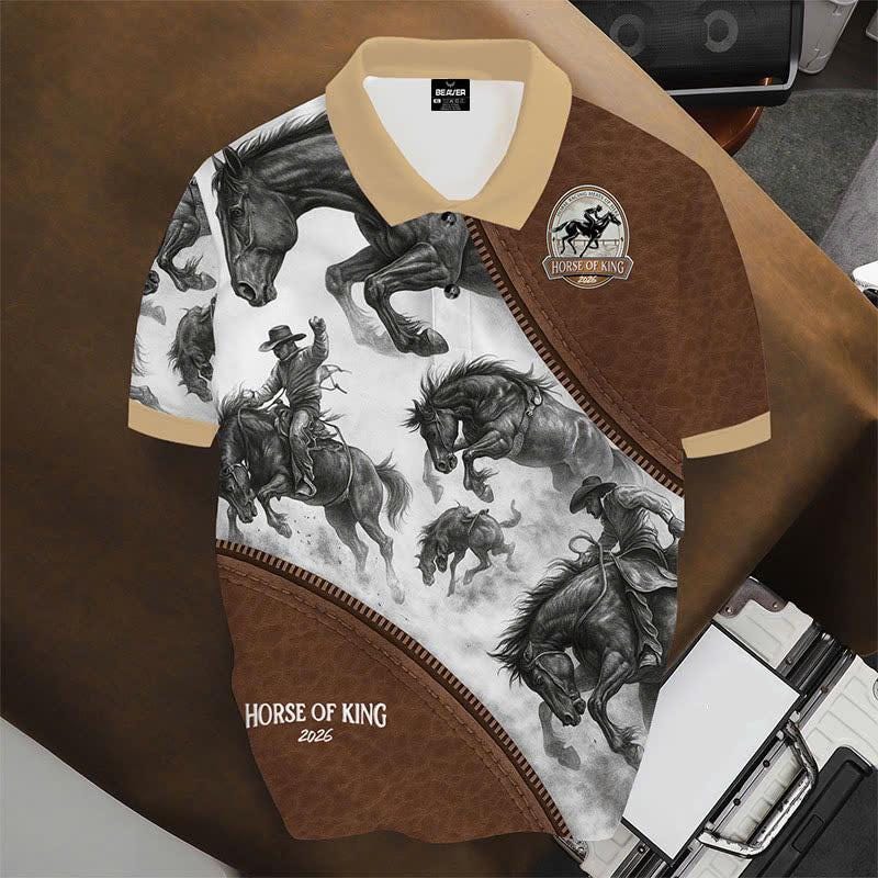Wild Horse Western Polo Shirt, Cowboy Riding Print, Casual Short Sleeve Collared Shirt