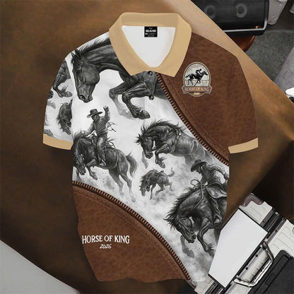 Wild Horse Western Polo Shirt, Cowboy Riding Print, Casual Short Sleeve Collared Shirt