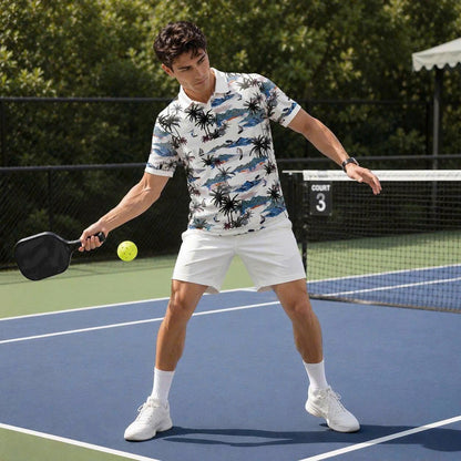 Island Paradise Polo Shirt, Palm Tree Sailboat Print, Casual Short Sleeve Collared Shirt