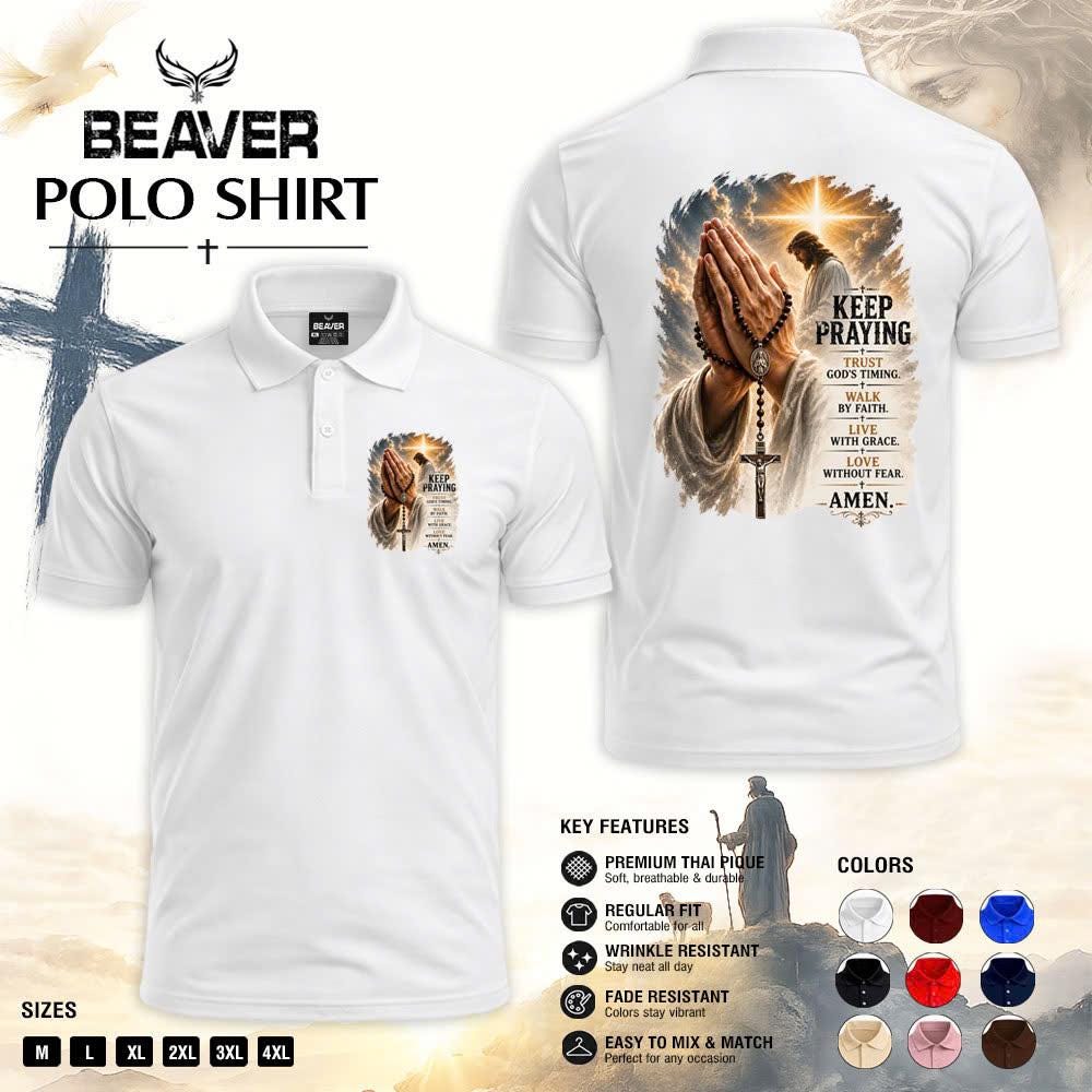 Keep Praying Christian Polo Shirt, Jesus Prayer Cross Graphic, Religious Church & Casual Wear