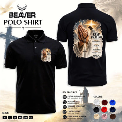 Keep Praying Christian Polo Shirt, Jesus Prayer Cross Graphic, Religious Church & Casual Wear