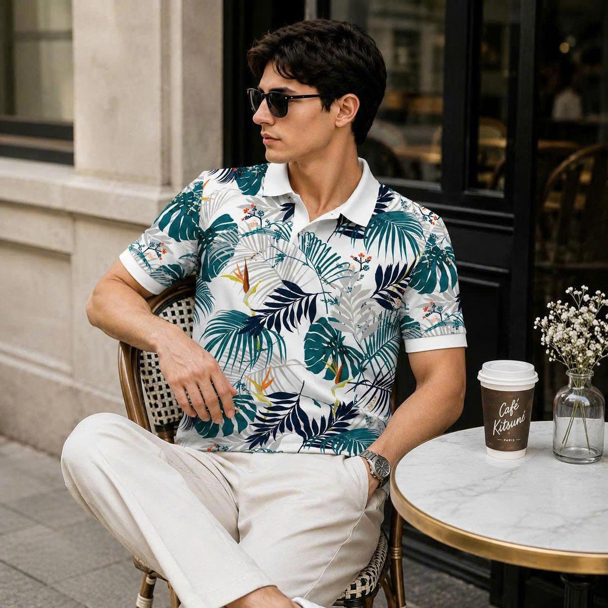Tropical Leaf Print Polo Shirt, Botanical Pattern, Summer Vacation Top