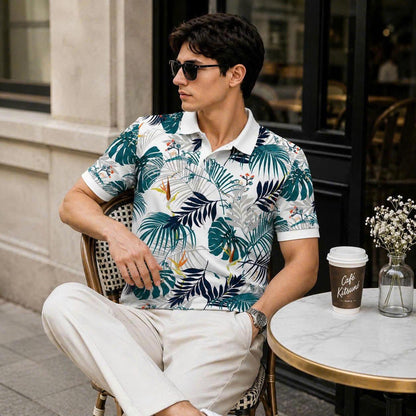 Tropical Leaf Print Polo Shirt, Botanical Pattern, Summer Vacation Top