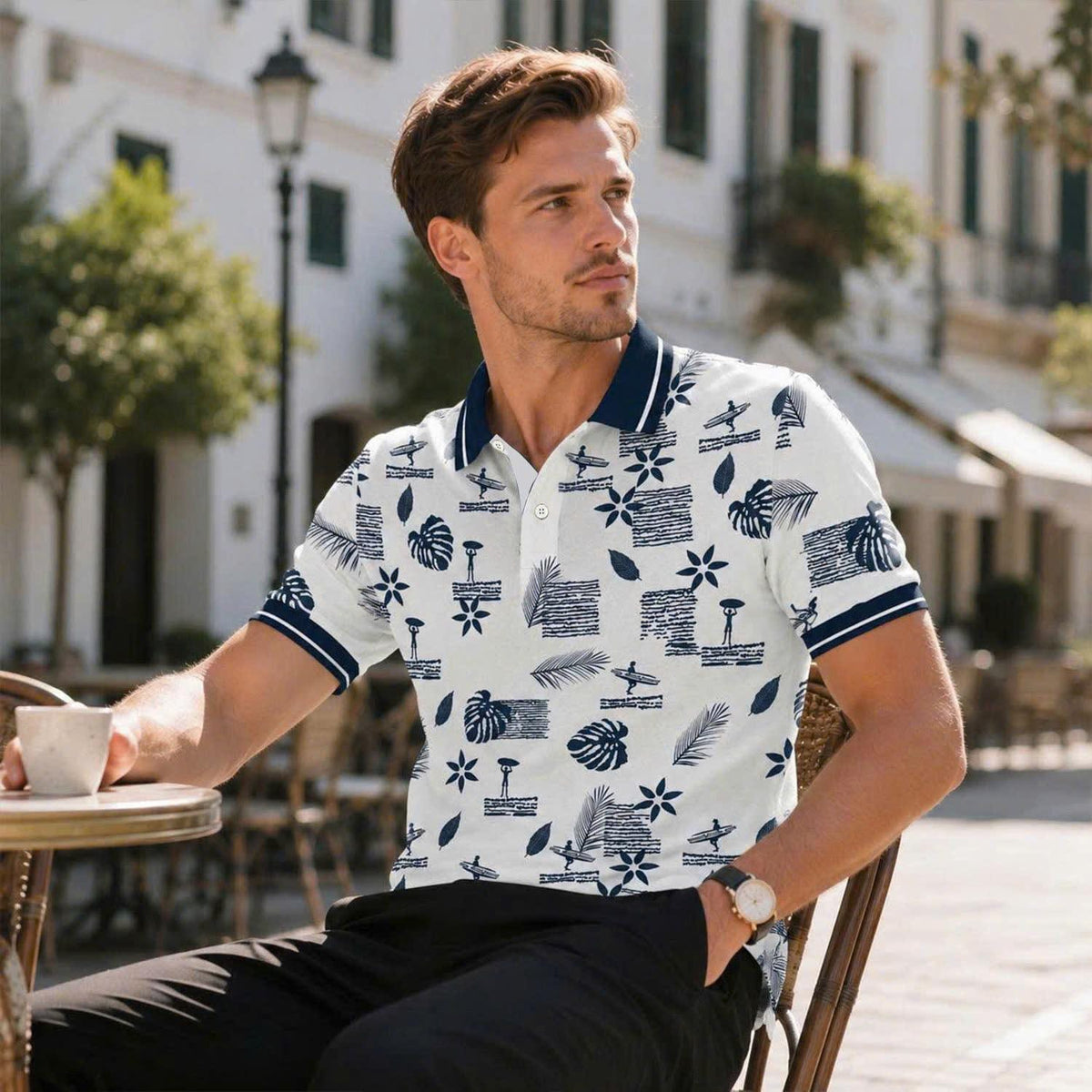 Tropical Print Polo Shirt, Surf Style Pattern, Beach Summer Top
