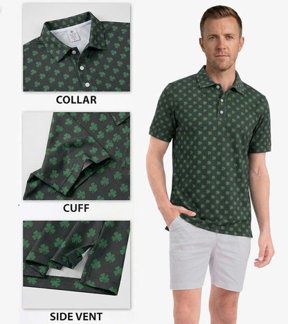 Men’s Athletic Golf Polo 09 – Green Shamrock Clover Pattern Polo Shirt