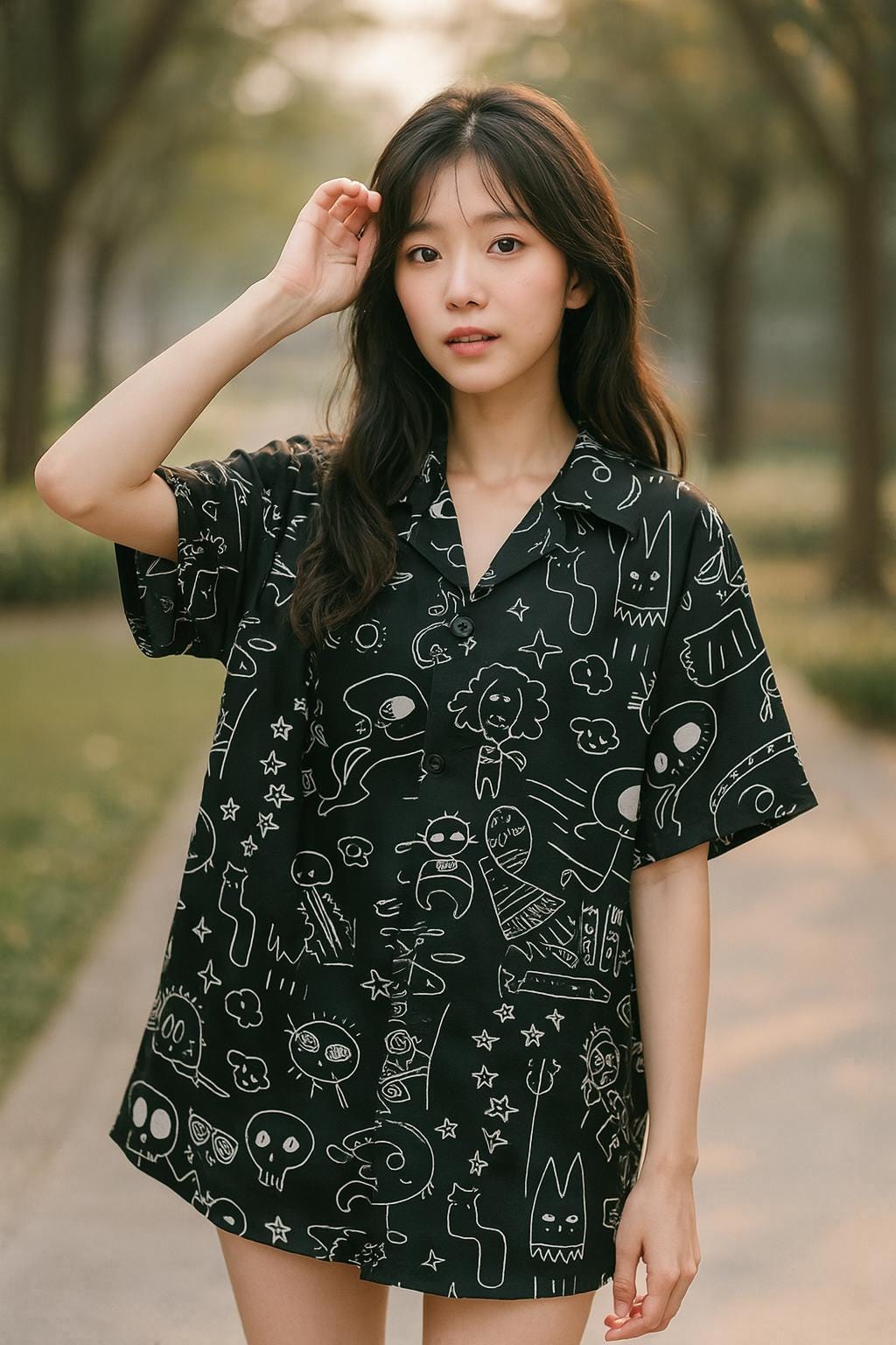 Abstract Doodle Print Shirt, Black & White Button-Down, Unisex Short Sleeve Casual Streetwear Shirt