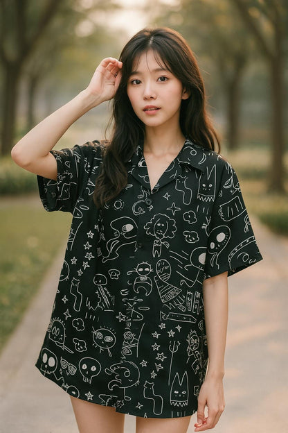 Abstract Doodle Print Shirt, Black & White Button-Down, Unisex Short Sleeve Casual Streetwear Shirt