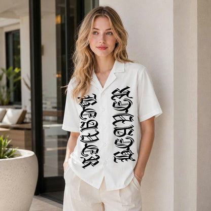 Gothic Letter Graphic Shirt, Bold Old English Typography, Casual Short Sleeve Button Up Shirt