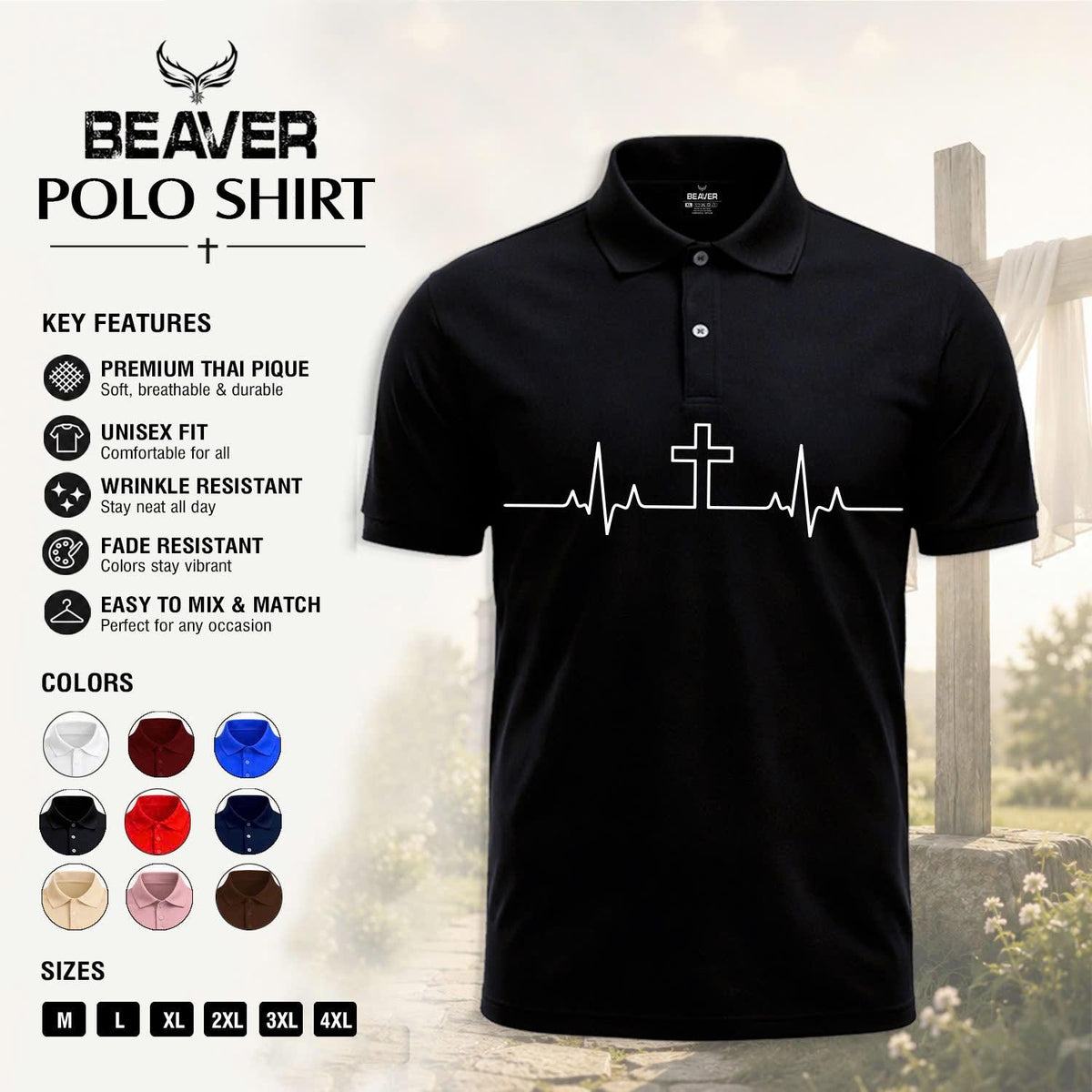 Heartbeat Cross Polo Shirt, Faith Inspired Design, Men's Casual Short Sleeve Top