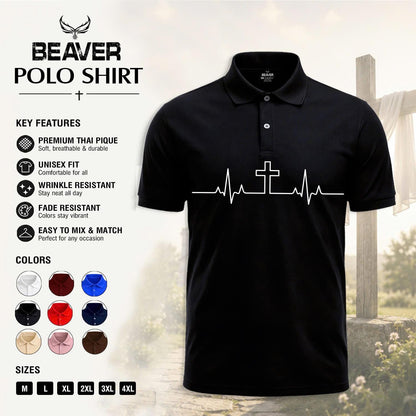 Heartbeat Cross Polo Shirt, Faith Inspired Design, Men's Casual Short Sleeve Top