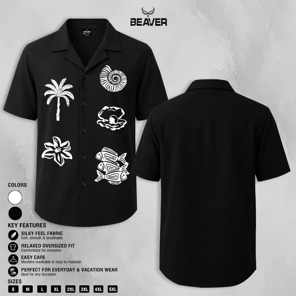 Tropical Ocean Graphic Shirt, Palm Tree Seashell Fish Print, Casual Short Sleeve Button Up