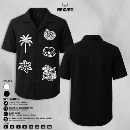 Tropical Ocean Graphic Shirt, Palm Tree Seashell Fish Print, Casual Short Sleeve Button Up