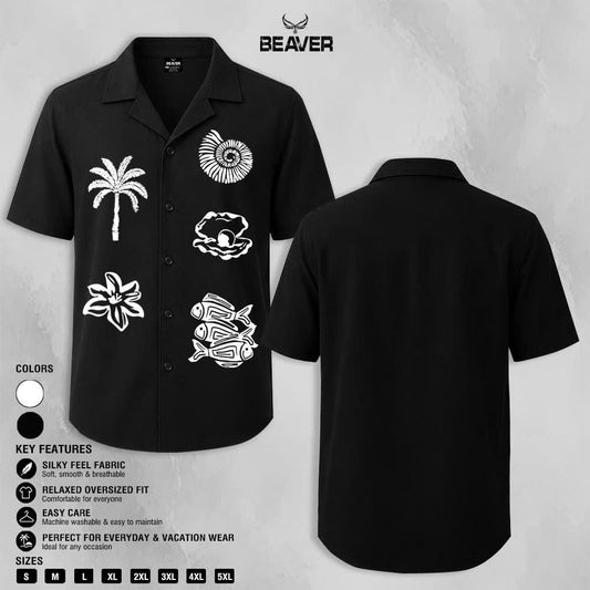 Tropical Ocean Graphic Shirt, Palm Tree Seashell Fish Print, Casual Short Sleeve Button Up