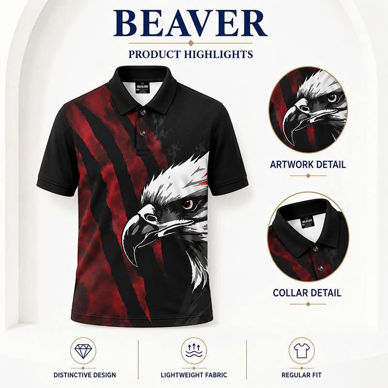 Bald Eagle Graphic Polo Shirt, Red Claw Mark Print, Casual Short Sleeve Collared Shirt