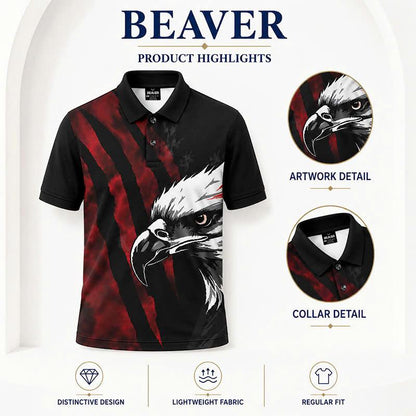 Bald Eagle Graphic Polo Shirt, Red Claw Mark Print, Casual Short Sleeve Collared Shirt