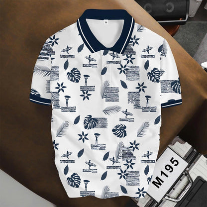 Tropical Print Polo Shirt, Surf Style Pattern, Beach Summer Top