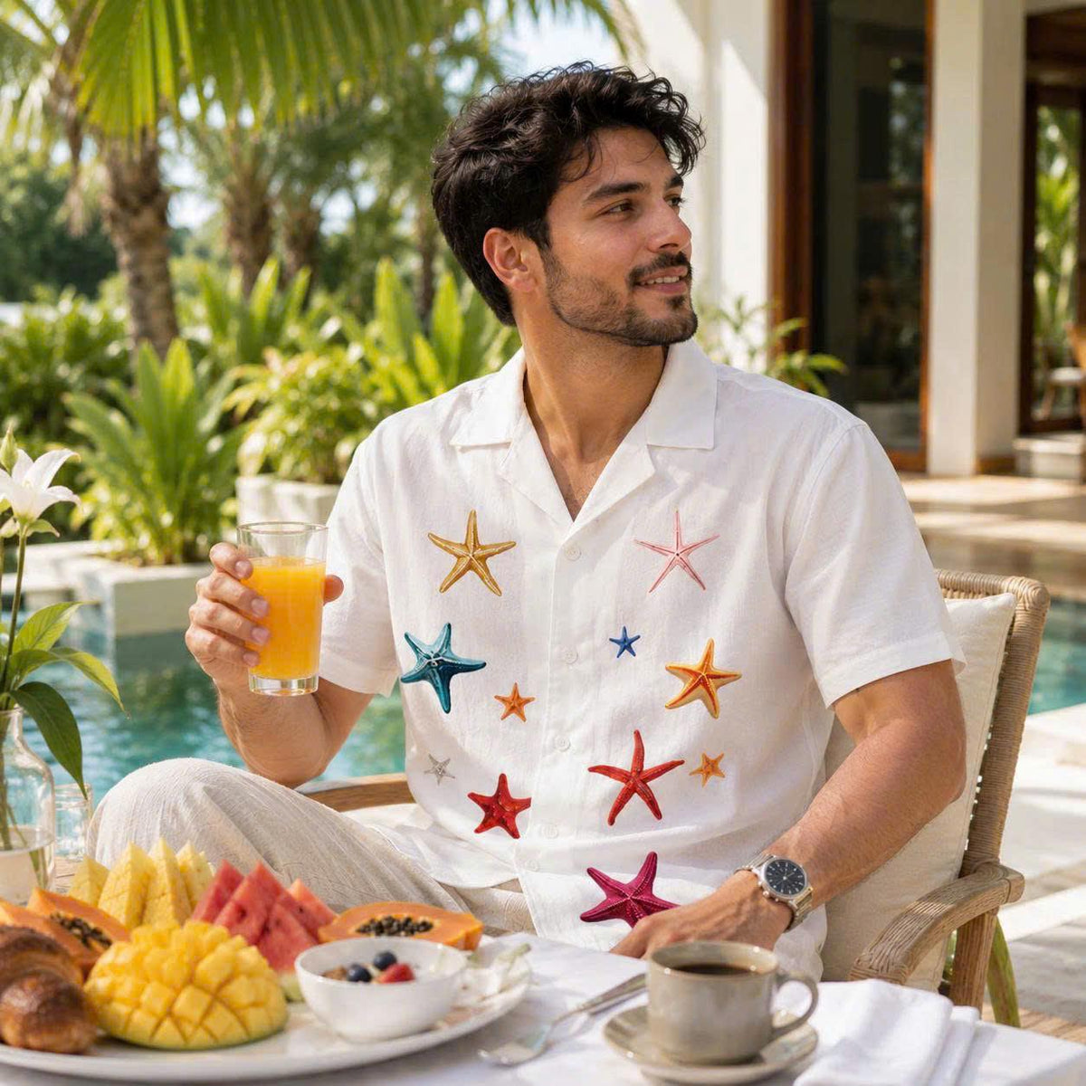 Colorful Starfish Graphic Shirt, Ocean Inspired Print, Casual Short Sleeve Button Up Shirt