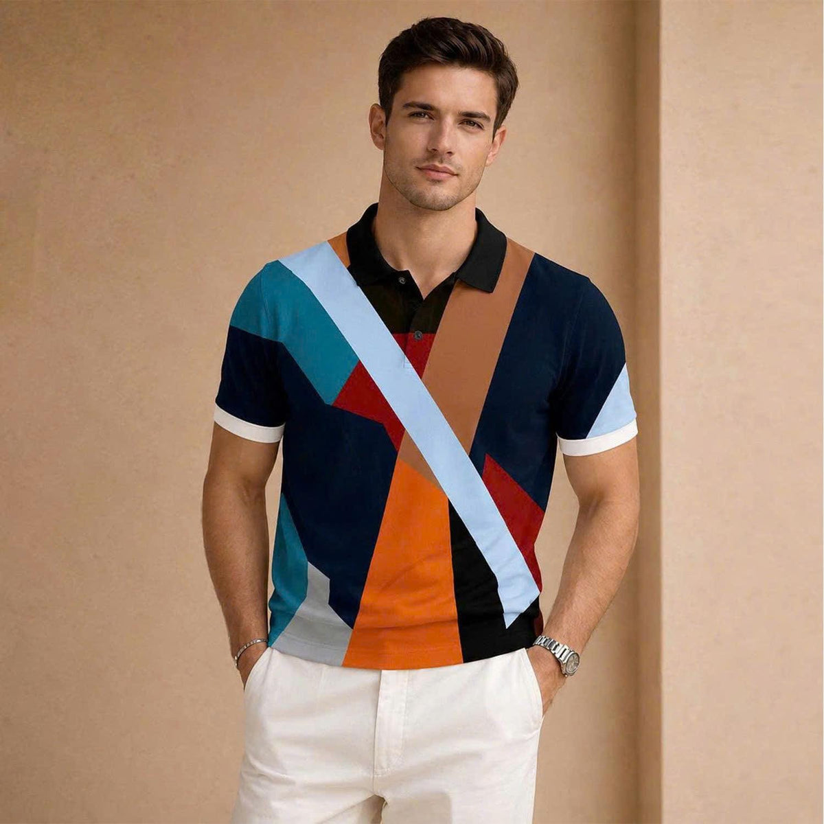 Abstract Geometric Polo Shirt, Color Block Pattern, Modern Art Design, Men's Casual Fashion Top