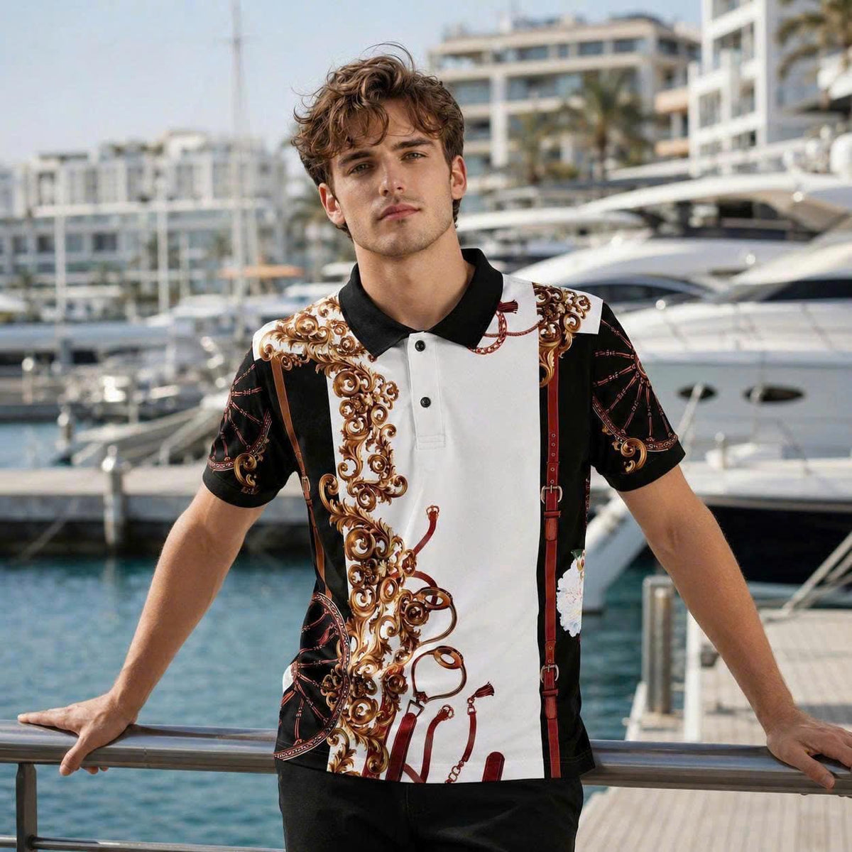 Baroque Ornamental Polo Shirt, Luxury Chain and Strap Print, Men’s Casual Collared Top