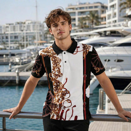 Baroque Ornamental Polo Shirt, Luxury Chain and Strap Print, Men’s Casual Collared Top