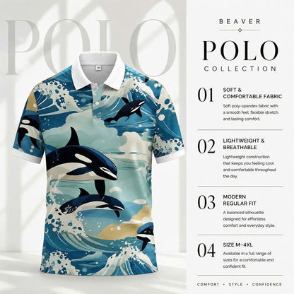 Orca Polo Shirt – Killer Whale Ocean Wave Print Hawaiian Beach Polo Top
