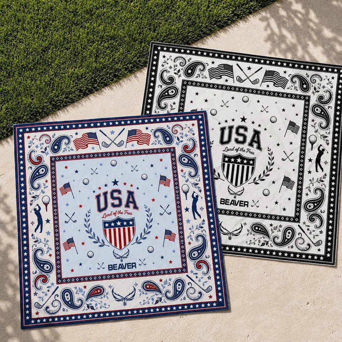USA Golf Bandana – American Flag, Clubs & Paisley Print – Square Headband, Patriotic Accessory