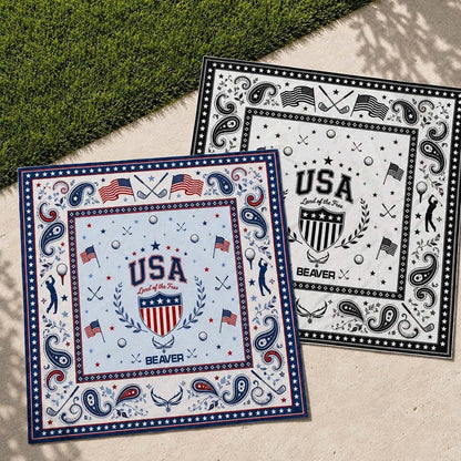USA Golf Bandana – American Flag, Clubs & Paisley Print – Square Headband, Patriotic Accessory