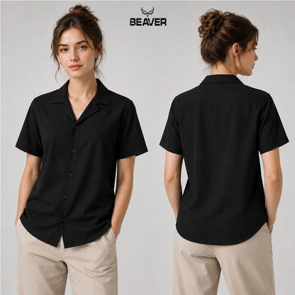 Solid Color Button Up Shirt, Relaxed Oversized Short Sleeve Unisex Casual Shirt