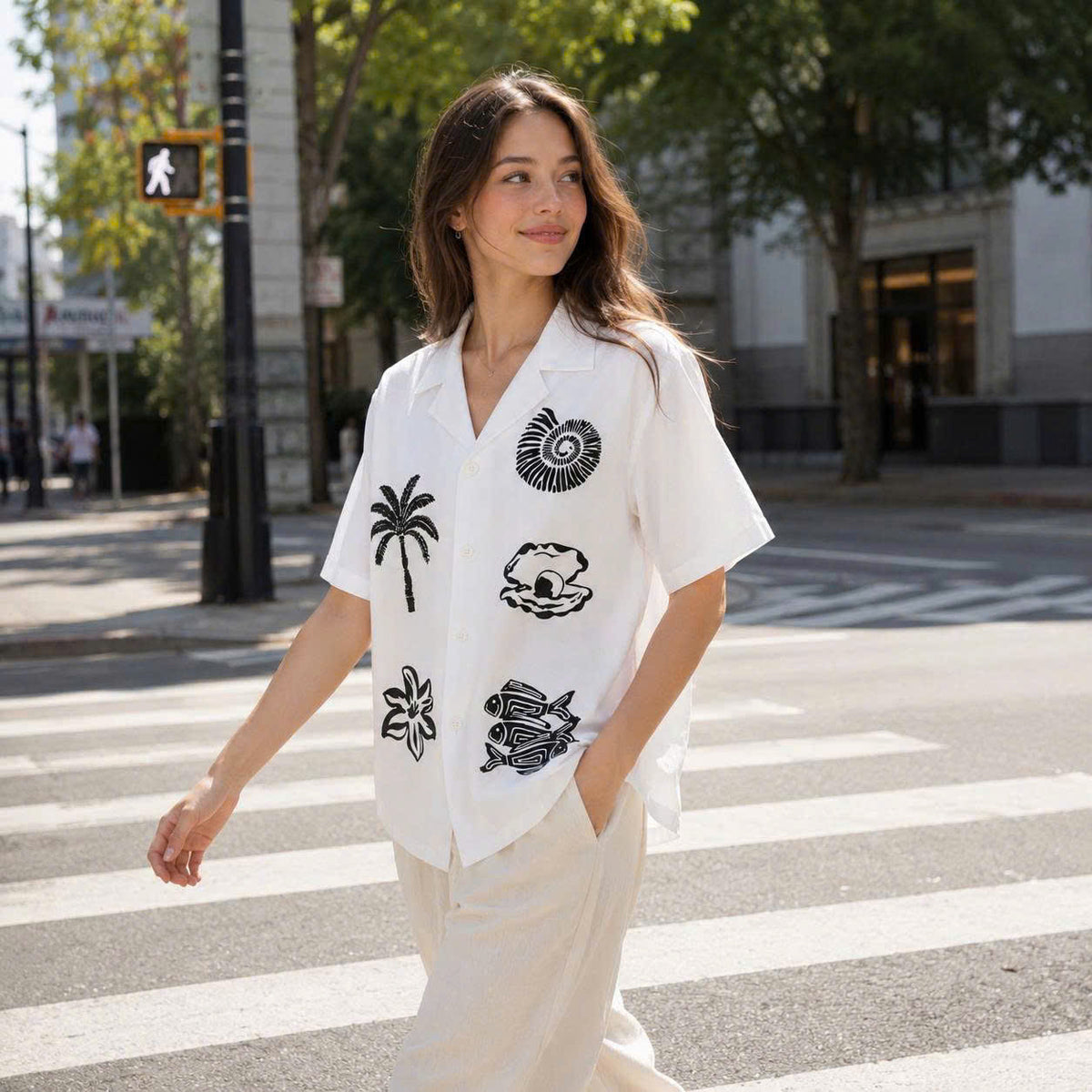 Tropical Ocean Graphic Shirt, Palm Tree Seashell Fish Print, Casual Short Sleeve Button Up
