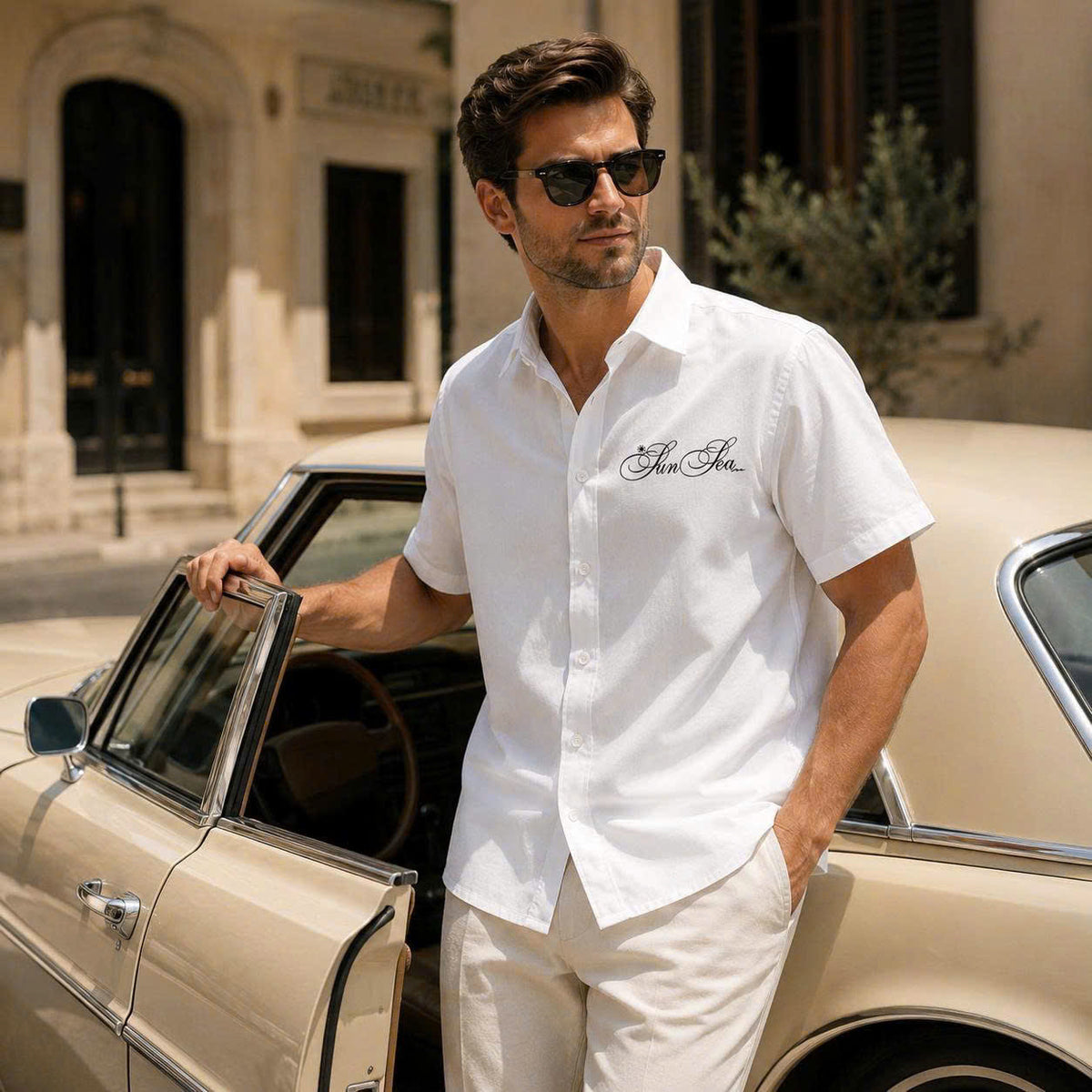 Sun Sea Script Graphic Shirt, Minimalist Coastal Design, Casual Short Sleeve Button Up Shirt