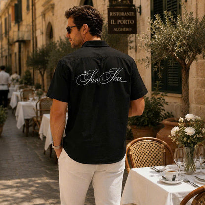 Sun Sea Script Graphic Shirt, Minimalist Coastal Design, Casual Short Sleeve Button Up Shirt