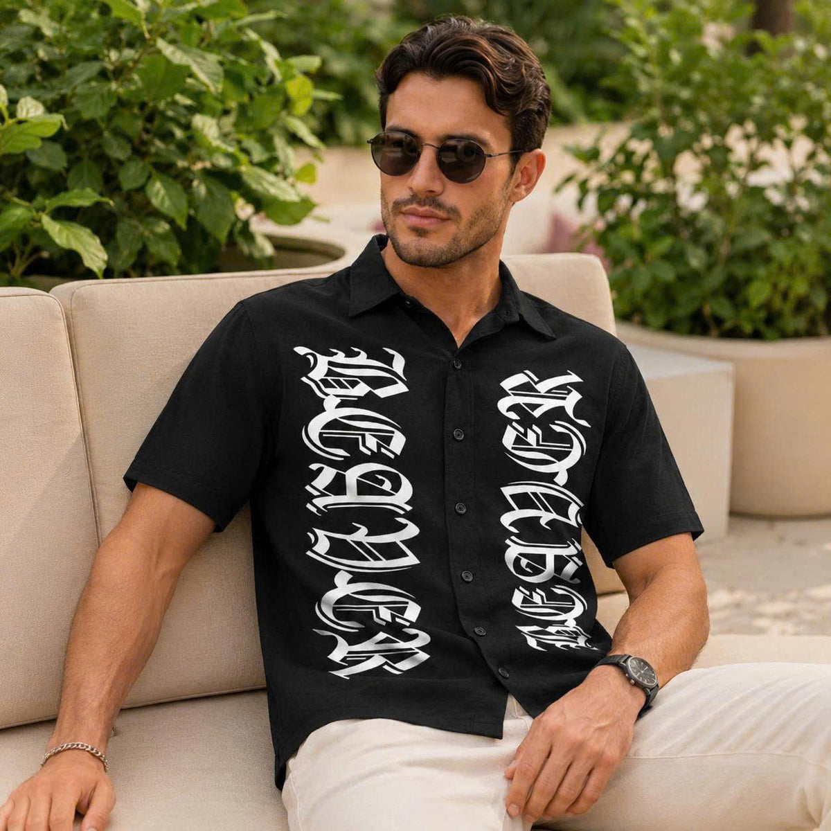 Gothic Letter Graphic Shirt, Bold Old English Typography, Casual Short Sleeve Button Up Shirt