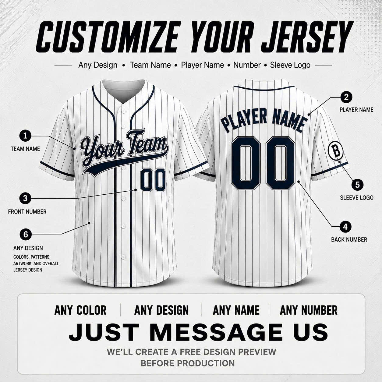 Custom Pinstripe Baseball Jersey, Personalized Team Name & Number, Men Women Kids Toddler