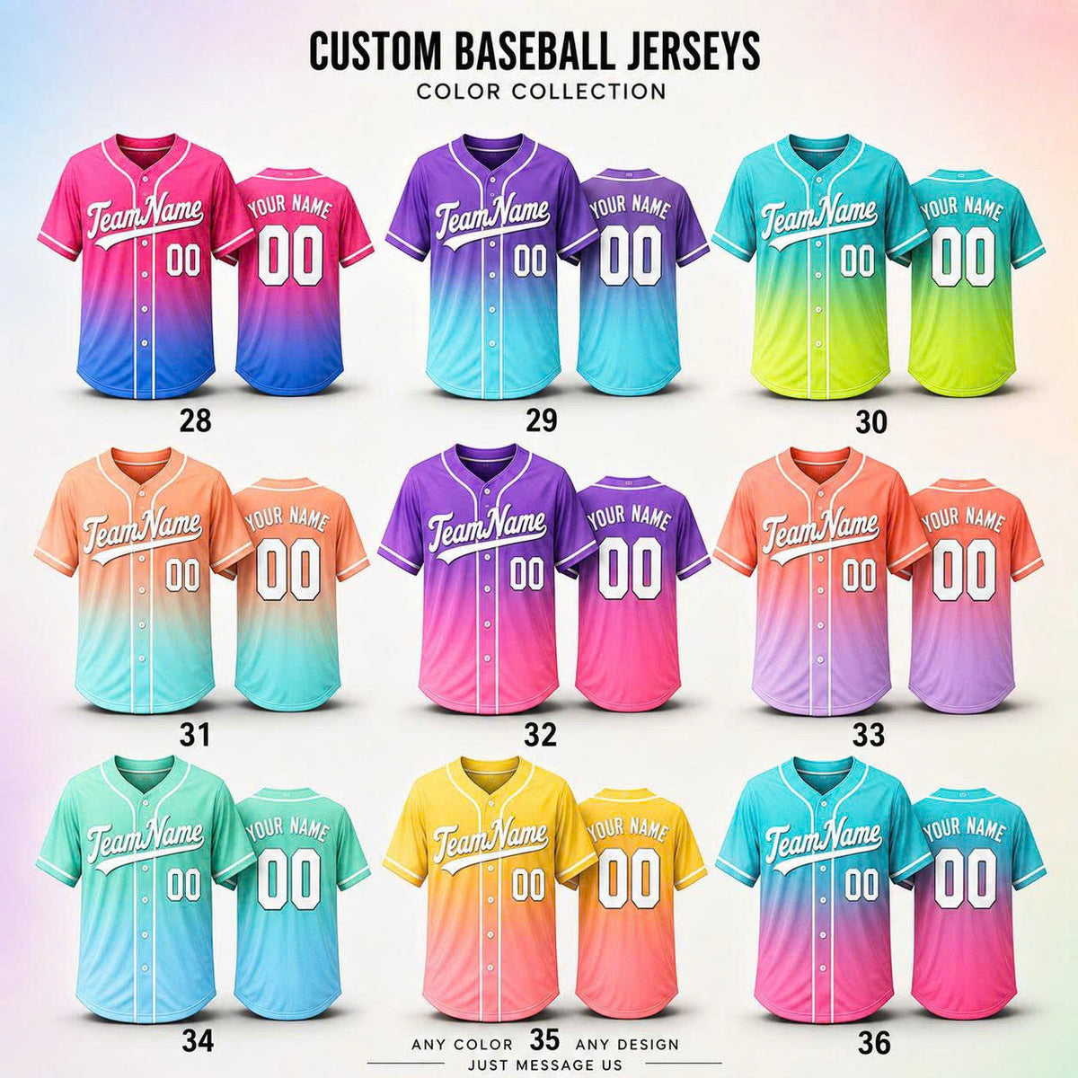 Custom Baseball Jersey, Personalized Name & Number, Ombre Team Uniform, Men Women Youth