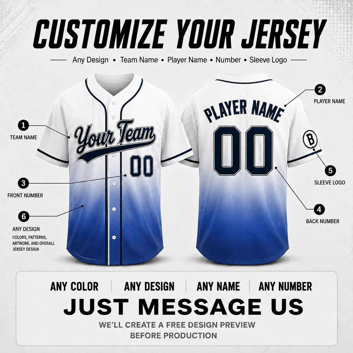 Custom Baseball Jersey, Personalized Name & Number, Ombre Team Uniform, Men Women Youth