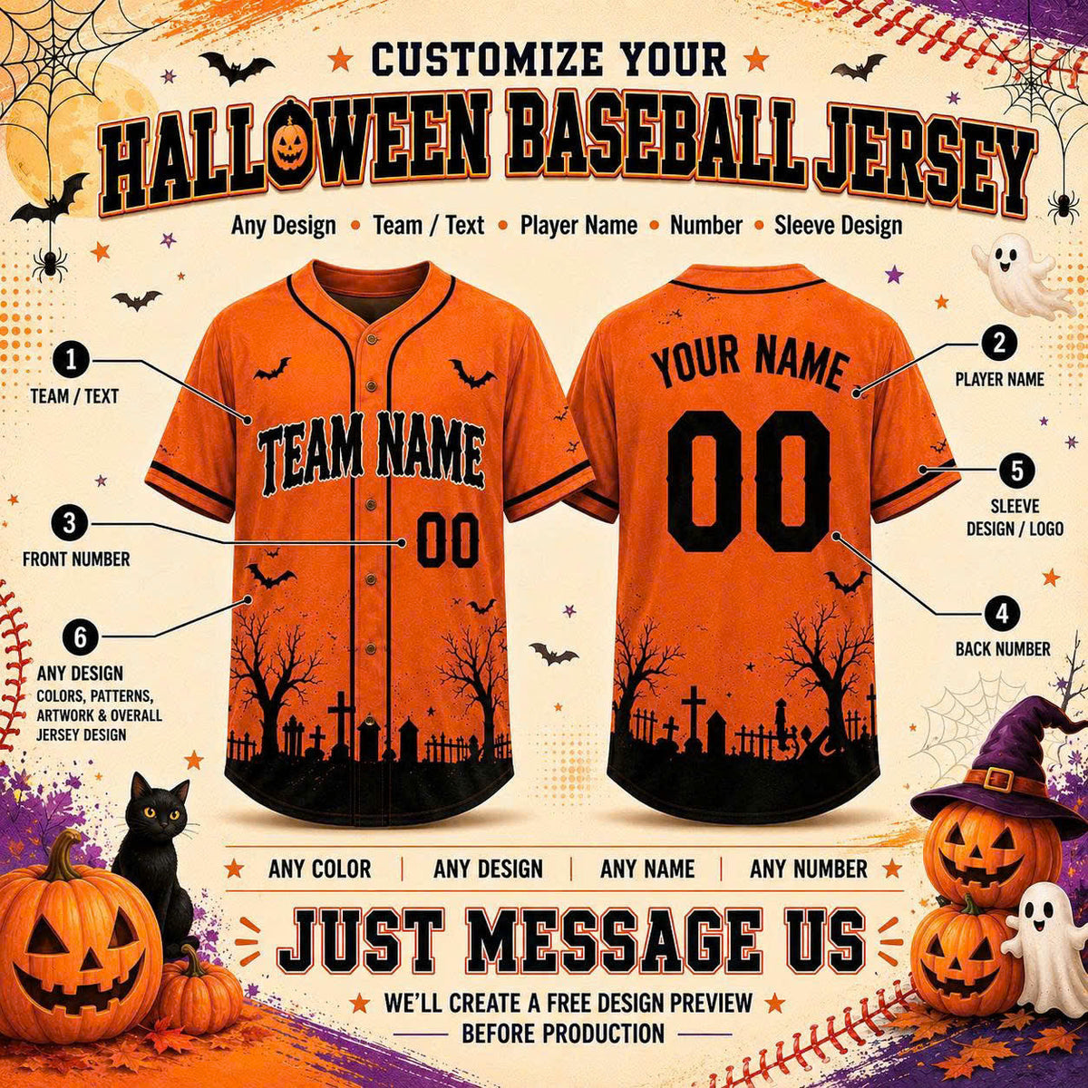 Custom Halloween Baseball Jersey, Personalized Name & Number, Fall Sports Shirt, Team Gift