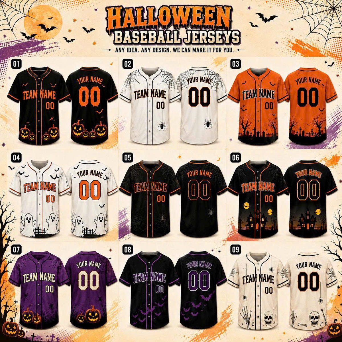 Custom Halloween Baseball Jersey, Personalized Name & Number, Fall Sports Shirt, Team Gift