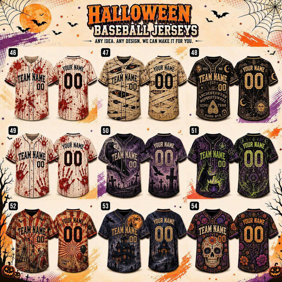 Custom Halloween Baseball Jersey, Personalized Name & Number, Fall Sports Shirt, Team Gift