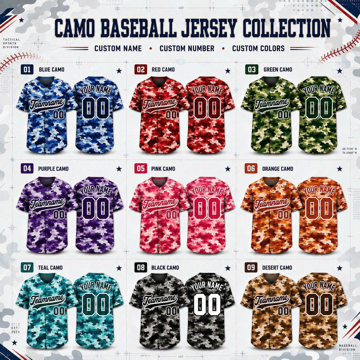 Custom Camo Baseball Jersey, Personalized Name & Number, Camouflage Team Sports Shirt