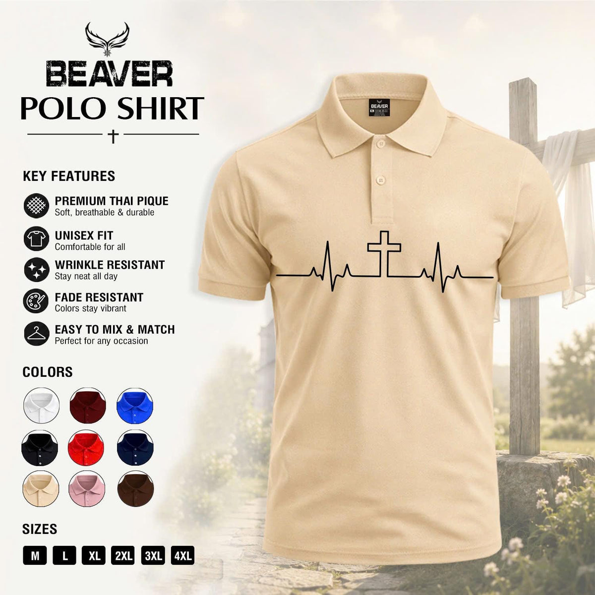 Heartbeat Cross Polo Shirt, Faith Inspired Design, Men's Casual Short Sleeve Top
