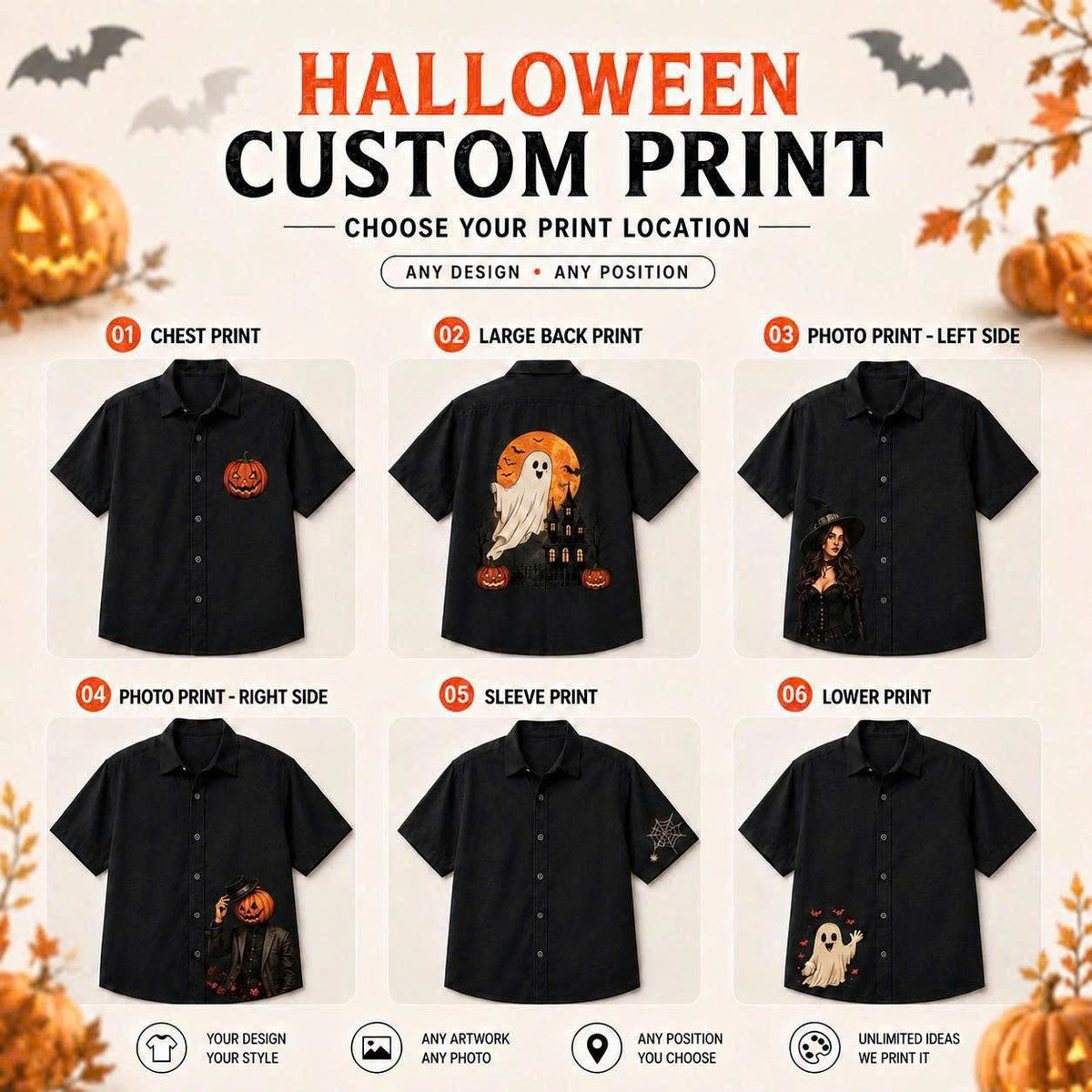 Any Design Halloween Button Up Shirt, Personalized Photo Artwork, Unique Unisex Gift