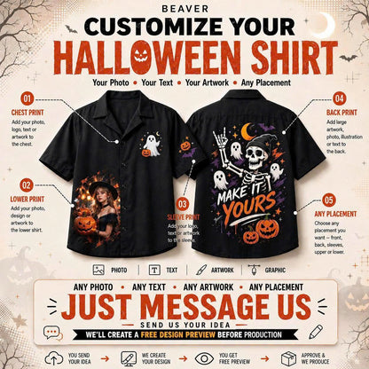 Any Design Halloween Button Up Shirt, Personalized Photo Artwork, Unique Unisex Gift