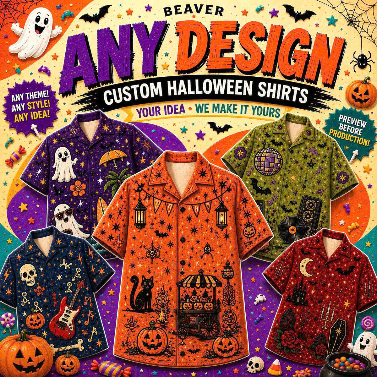 Custom Halloween Button Up Shirt, Personalized Photo or Artwork, Any Design, Unisex Short Sleeve