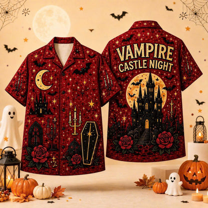 Custom Halloween Button Up Shirt, Personalized Photo or Artwork, Any Design, Unisex Short Sleeve
