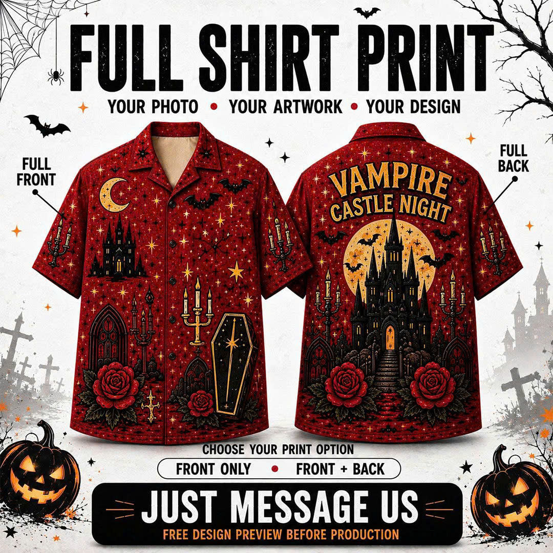 Custom Halloween Button Up Shirt, Personalized Photo or Artwork, Any Design, Unisex Short Sleeve